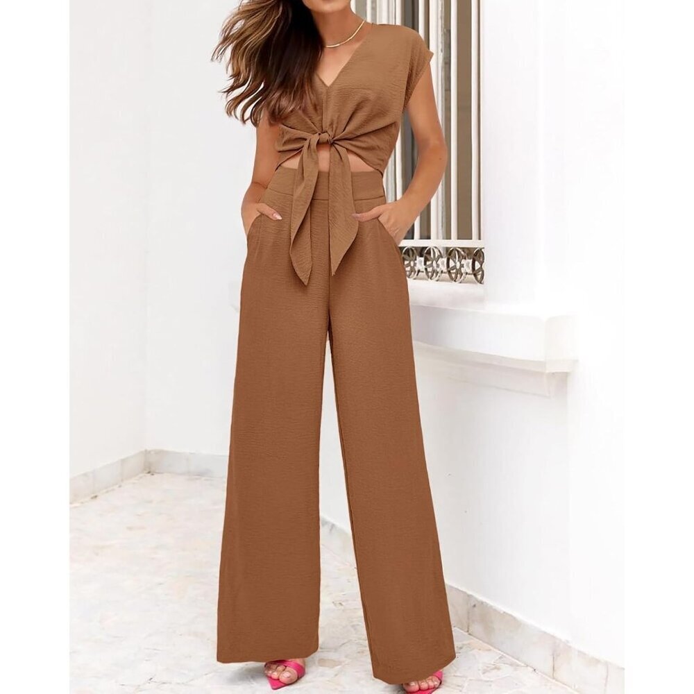 Women's 2 Piece Summer Outfits Polyester V Neck Crop Top Wide Leg Pants - Picture 6 of 7